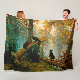 Morning in a Pine Forest Bear with Cubs Shishkin Fleece Blanket