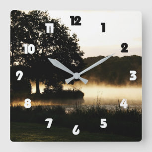 Morning Lake Scene Fat Numbers wccn Square Wall Clock