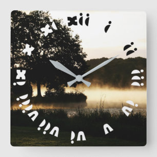 Morning Lake Scene Fat Roman Numbers wccna Square Wall Clock