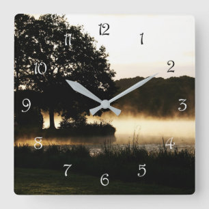 Morning Lake Scene Script Numbers wccn Square Wall Clock