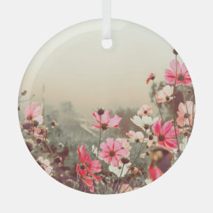 Morning light, blooming pink cosmos. glass tree decoration