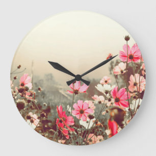 Morning light, blooming pink cosmos. large clock