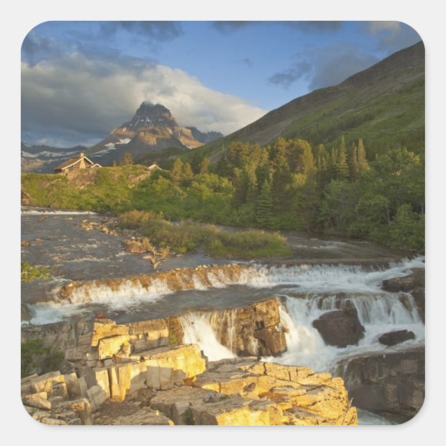 Morning light greets Swiftcurrent Falls in the Square Sticker (Front)