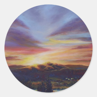 Morning light, sunrise over the hills classic round sticker