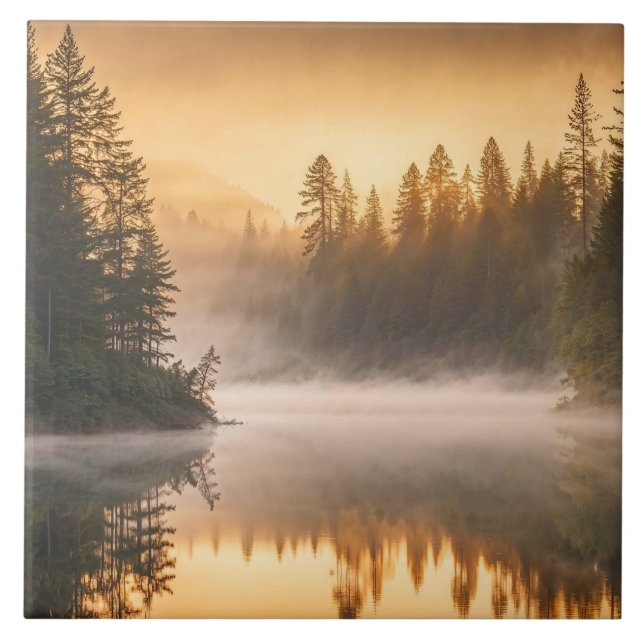 Morning Mist on River in the Pines Ceramic Tile (Front)