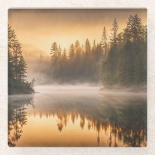 Morning Mist on River in the Pines Glass Coaster