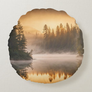 Morning Mist on River in the Pines Round Cushion