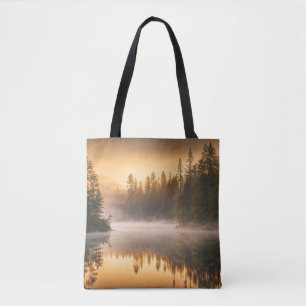Morning Mist on River in the Pines Tote Bag