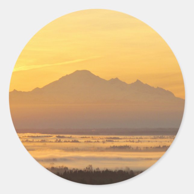 Morning Mountain Magic. Classic Round Sticker (Front)