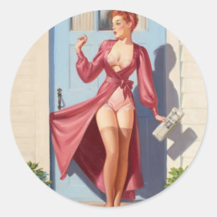 Morning Newspaper Pin-Up Girl Classic Round Sticker