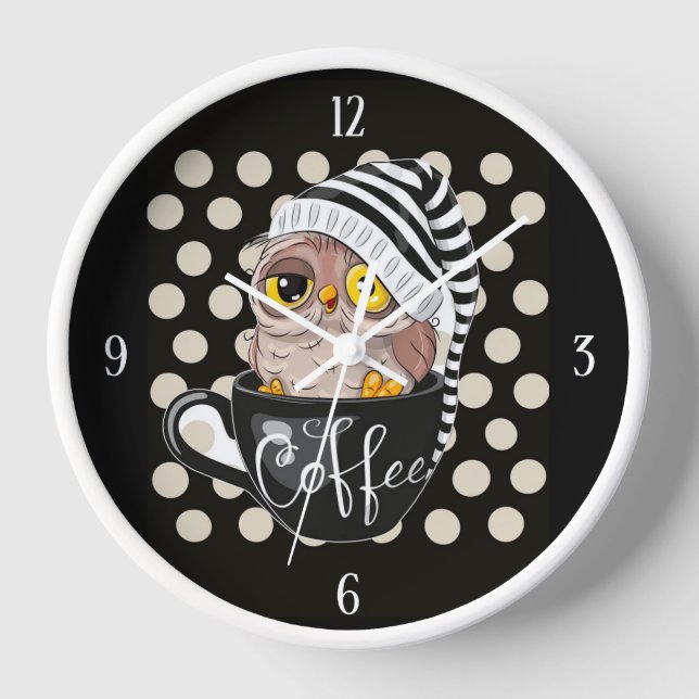Morning Owl Black Tan Polka Dots Clock (Front)