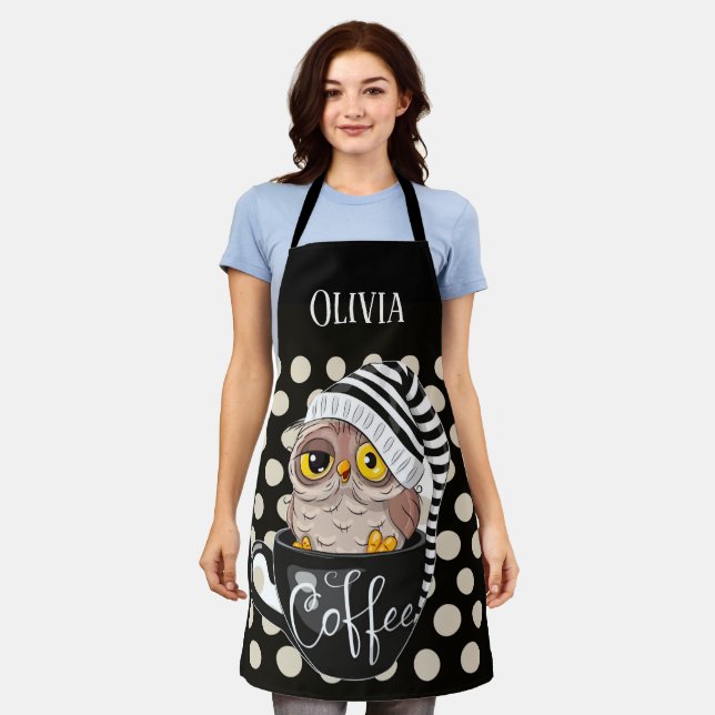 Morning Owl Black Tan Polka Dots Custom Apron (Worn)