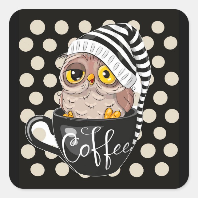 Morning Owl Black Tan Polka Dots Square Sticker (Front)