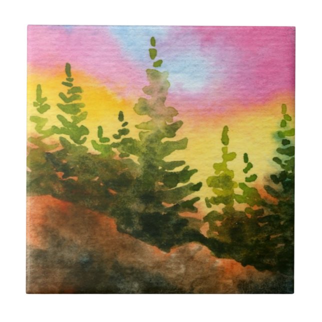 Morning pines on a hill with rainbow sky ceramic tile (Front)