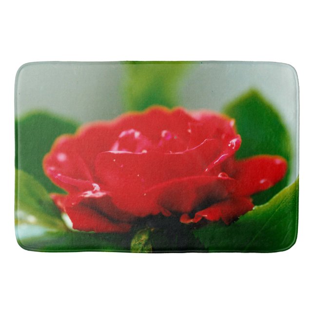 Morning red Rose covered with dew drops  Bath Mat (Front)