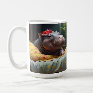 "Morning Snuggles: Baby Hippo Wakes in Basket, Coffee Mug