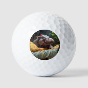 "Morning Snuggles: Baby Hippo Wakes in Basket, Golf Balls