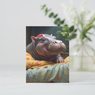 "Morning Snuggles: Baby Hippo Wakes in Basket, Holiday Postcard