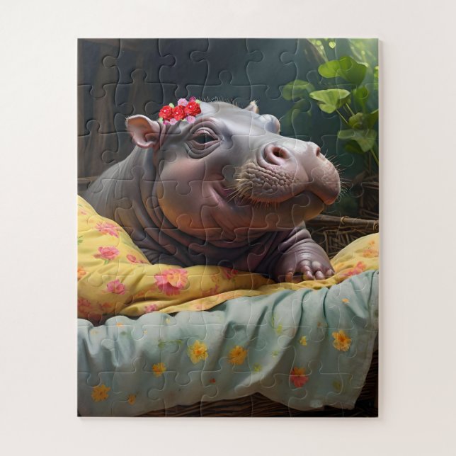"Morning Snuggles: Baby Hippo Wakes in Basket, Jigsaw Puzzle (Vertical)