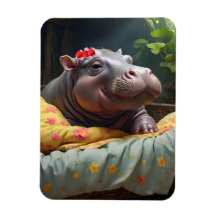 "Morning Snuggles: Baby Hippo Wakes in Basket, Magnet