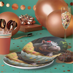 "Morning Snuggles: Baby Hippo Wakes in Basket, Paper Plate