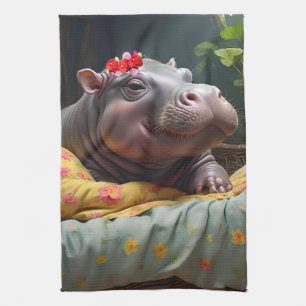 "Morning Snuggles: Baby Hippo Wakes in Basket, Tea Towel