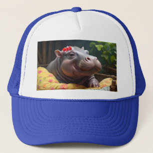 "Morning Snuggles: Baby Hippo Wakes in Basket, Trucker Hat