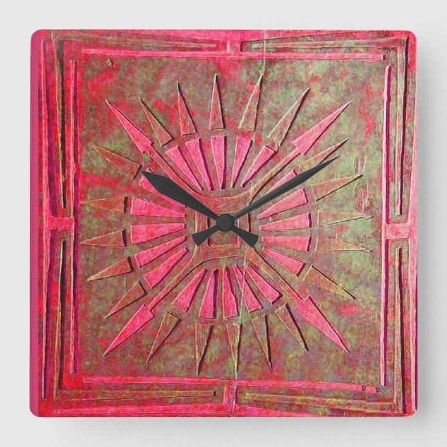 MORNING STAR , Antique Red Green Square Wall Clock (Front)