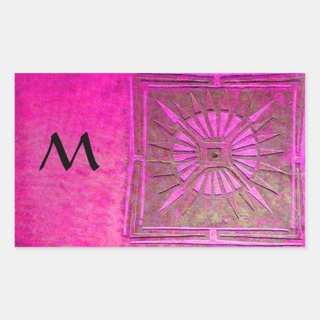 MORNING STAR Pink,Fuchsia Black, Monogram Rectangular Sticker (Front)