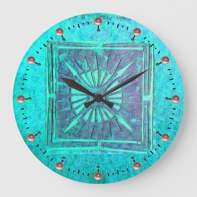 MORNING STAR , Pink Teal,Aqua Blue Large Clock (Front)