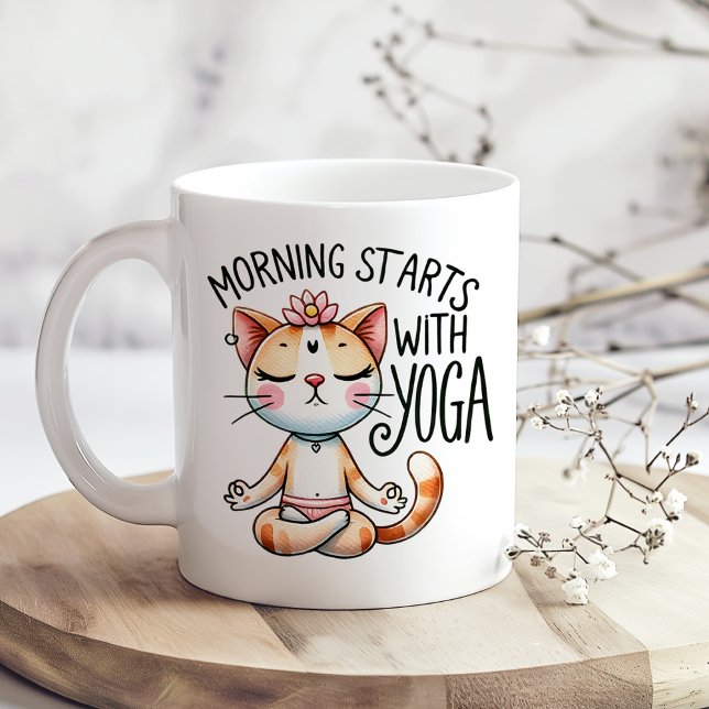"Morning Starts with Yoga" Funny Cat Lover's Coffee Mug ("Morning Starts with Yoga" Funny Cat Lover's Coffee Mug on a boho kitchen table with tiny flowers)