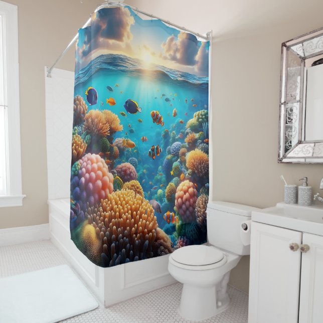 Morning Sun Rises over a Tropical Ocean Seascape Shower Curtain (In Situ)