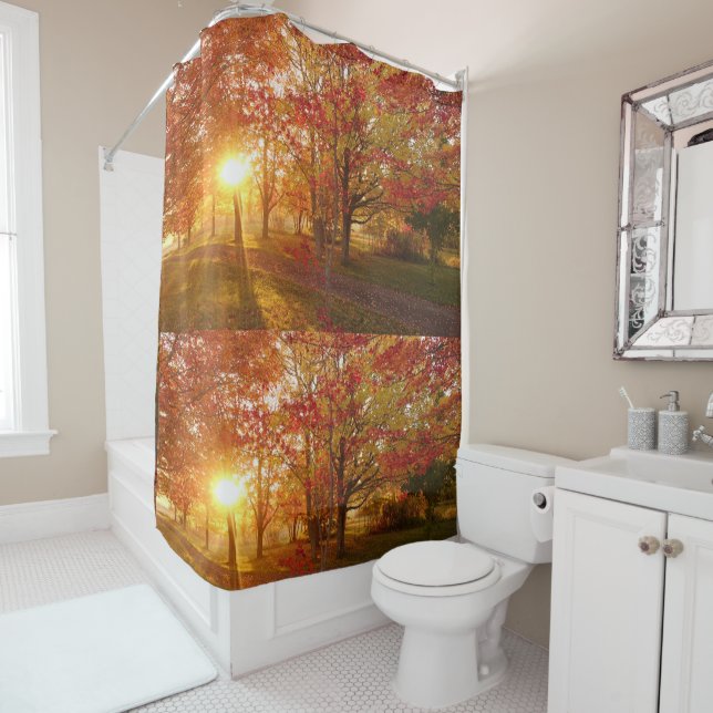 Morning sunrise sunlight through autumn woods shower curtain (In Situ)