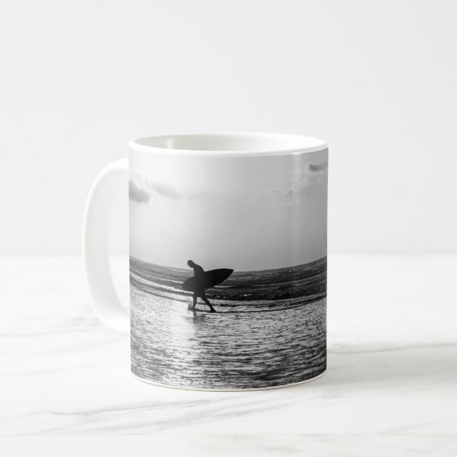 Morning Surfer Grayscale Coffee Mug (Front Left)