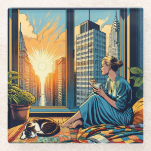 Morning Time in the City   Woman Reflecting Glass Coaster