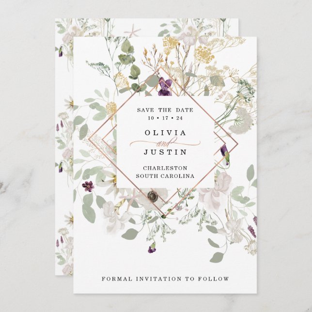 Morning Wildflowers | Delicate Rose Gold Geometric Save The Date (Front/Back)