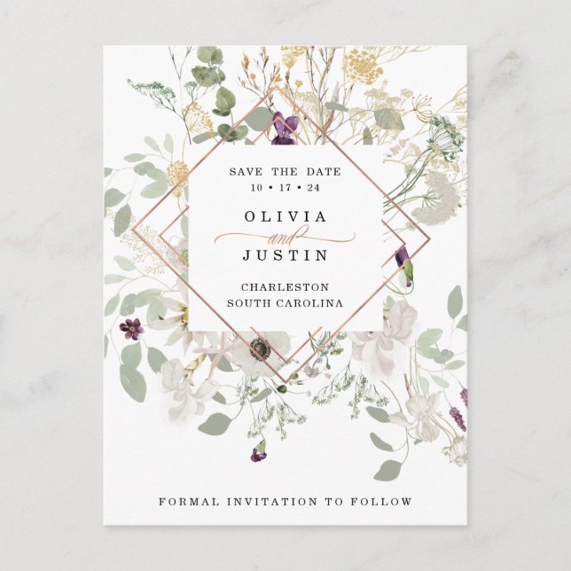 Morning Wildflowers | Geometric Save the Date Announcement Postcard (Front)