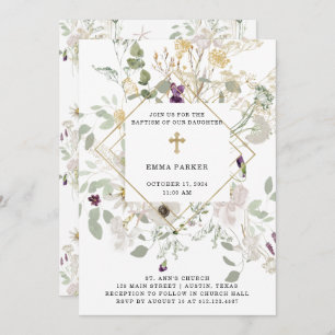 Morning Wildflowers   Gold Geometric Baptism Invitation