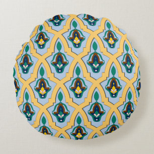 Moroccan Arabic tracery pattern in blue and yellow Round Cushion