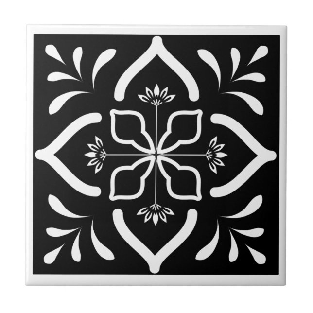 Moroccan Black and White Flower Ceramic Tile (Front)