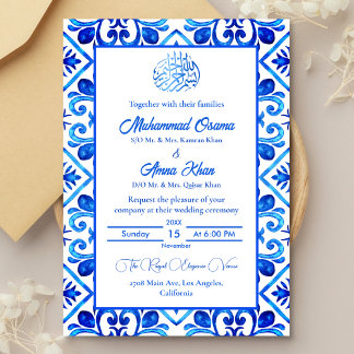 Moroccan Blue and White Islamic Wedding  Invitation
