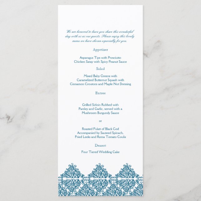 Moroccan Blue Damask Wedding Menu (Front)