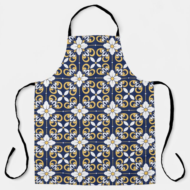 Moroccan blue gold geometric decorative floral apron (Front)