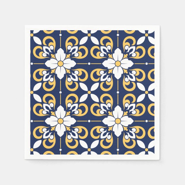 Moroccan blue gold geometric decorative tile napkin (Front)