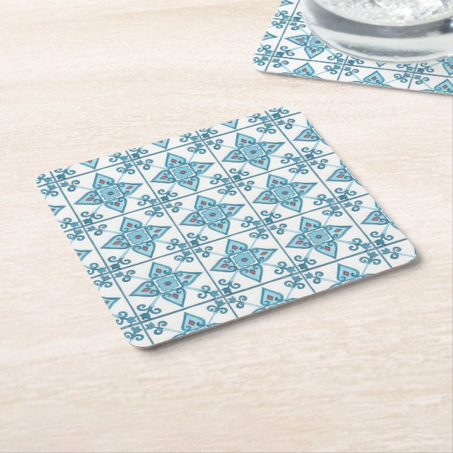 Moroccan Blue Tile Motif Square Paper Coaster (Angled)