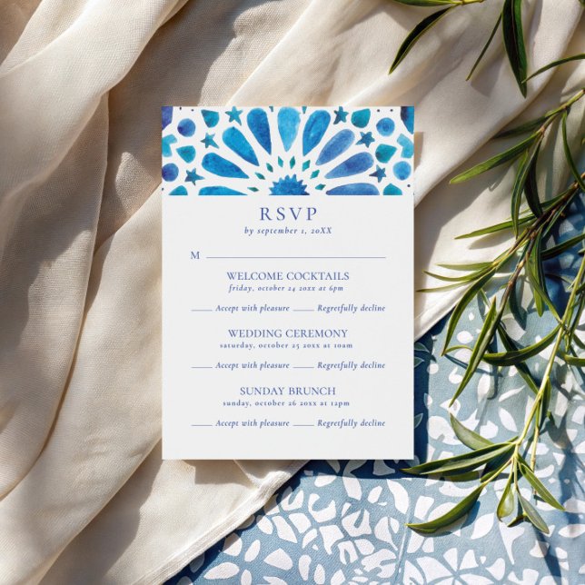 Moroccan Blue Tile Multi Event Wedding RSVP Card (Creator Uploaded)