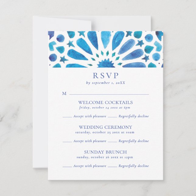 Moroccan Blue Tile Multi Event Wedding RSVP Card (Front)