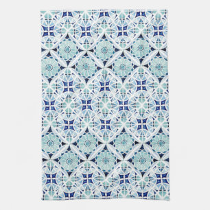 Moroccan blue tile pattern watercolor tea towel