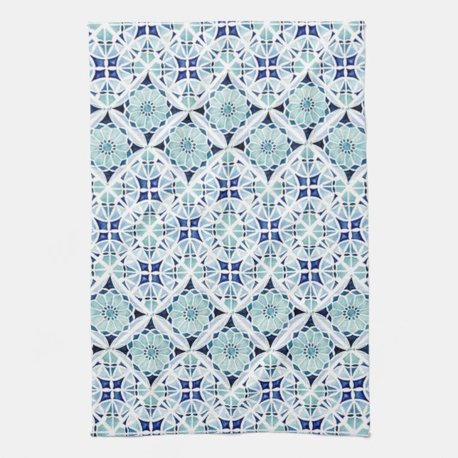 Moroccan blue tile pattern watercolor tea towel (Vertical)
