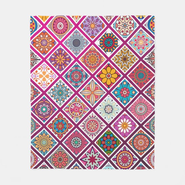 Moroccan Bohemian Mandala Tiles Fleece Blanket (Front)